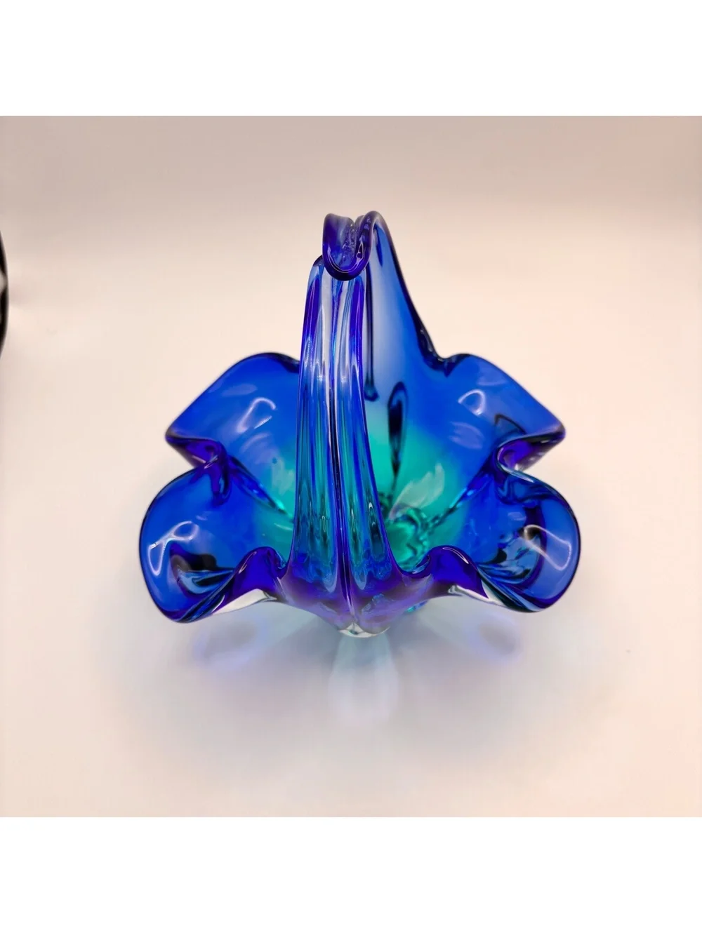 Vintage Cobalt Blue Hand-Blown Art Glass Basket Ruffled Rim Murano Style